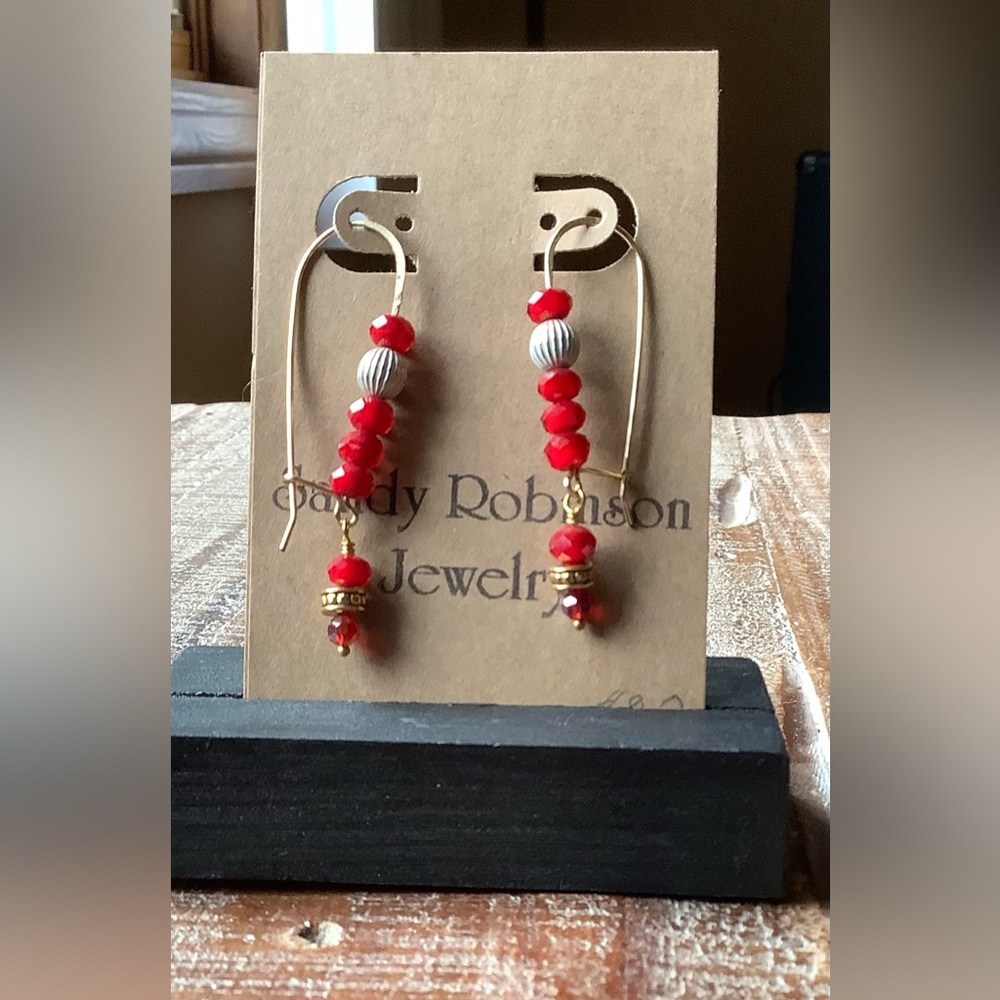 Handcrafted Red and Gold Beaded Ear Wires by Sandy Robinson Jewelry